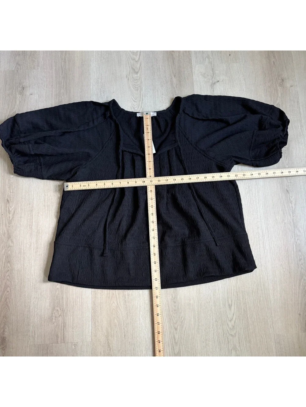 Loft NWT Women's Black Puff Sleeve Tie Neck Textured Blouse Size L